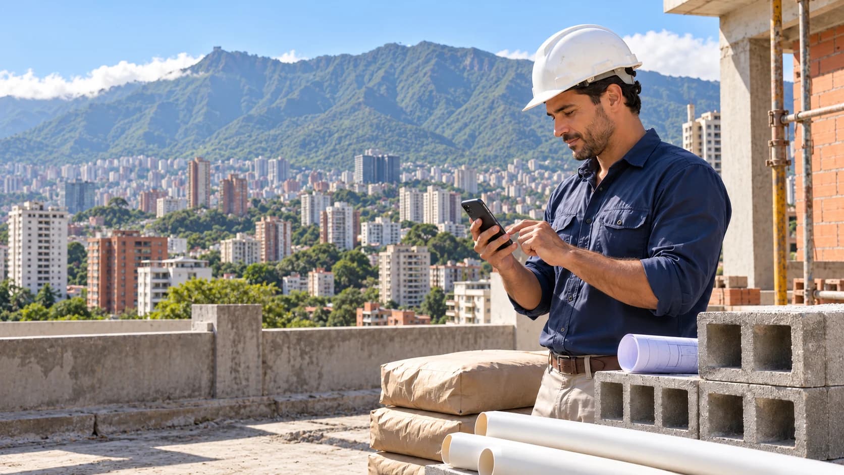 Un constructor cotiza materiales desde una obra en Caracas, con la ciudad y el Ávila al fondo